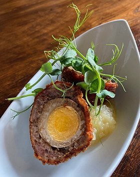 Scotch egg, in half in white dish.  With apple sauce and pea shoots on top. 