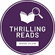 Thrilling reads logo; purple circular background with white font, book and magnifying glass. 